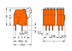 234-502 Клемма на печатную плату; нажимная кнопка; 0,5 мм2; Шаг контактов 2,54 мм; 2-пол.; CAGE CLAMP