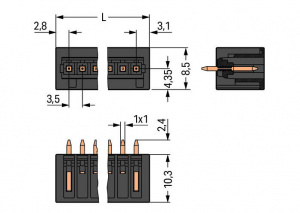 734-144/105-604 Вилка под пайку THR; 1.0 x 1.0 mm solder pin; прямые; 100% защита от неправильного подсоединения; Шаг контактов 3,5 мм; 14-пол.