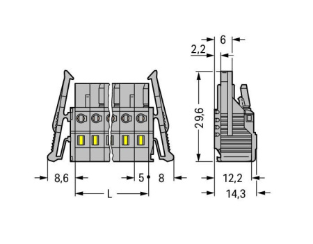 231-102/037-000 1-проводниковая розетка; Фиксирующий рычаг; 2,5 мм2; Шаг контактов 5 мм; 2-пол.