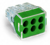 773-116 Соединитель PUSH WIRE для распределительных коробок; для одно- и многожильных проводников; макс. 2,5 мм2; 6-проводн.; прозрачный корпус; зеленая крышка; макс. рабочая темп. окр. среды 60 °C