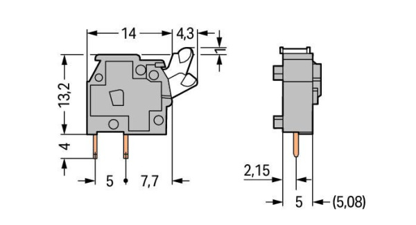 255-743 Наборная клемма на печатную плату; нажимная кнопка; 2,5 мм2; Шаг контактов 5/5,08 мм; 1-пол.; CAGE CLAMP; опция объединения